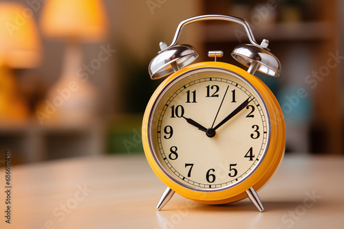 Close up one yellow metal twin bell retro alarm clock, on blurred room background with copy space, low angle front view. 