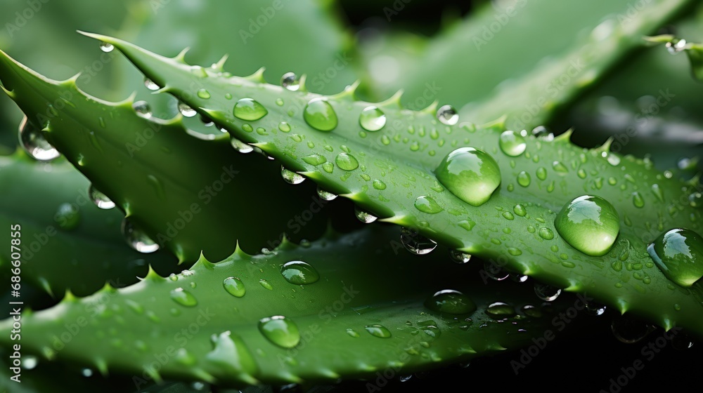 Close-up of fresh green aloe vera leaves with water drops. Dark background. Generative AI Close-up of fresh green aloe vera leaves with water drops. Dark background. Generative AI