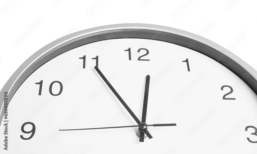 Clock showing five minutes until midnight on white background, closeup. New Year countdown Clock showing five minutes until midnight on white background, closeup. New Year countdown