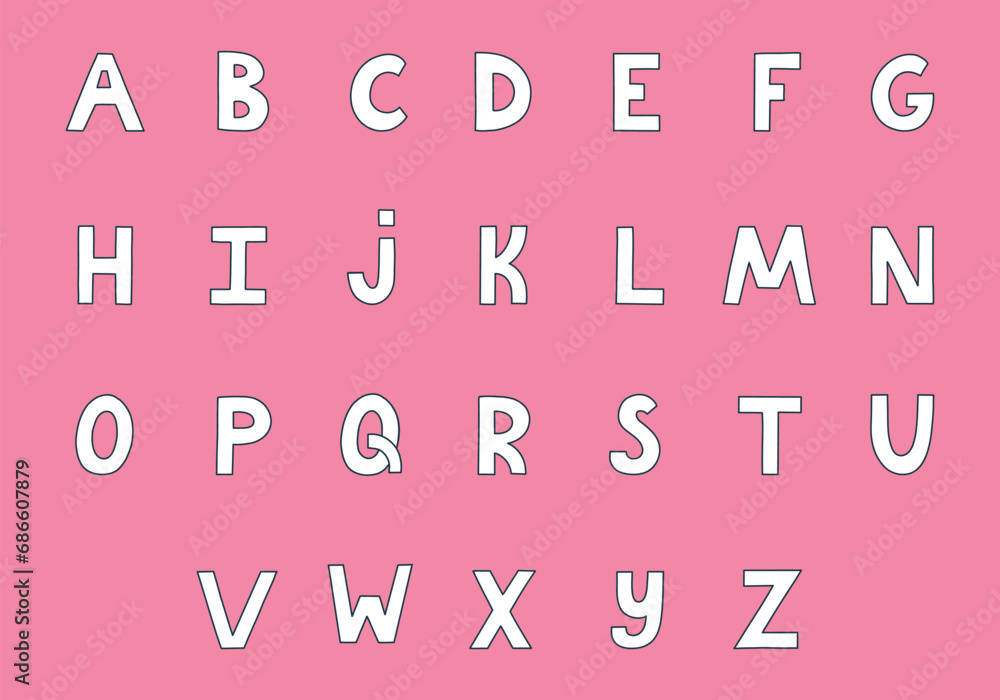 Cute black and white alphabet set with hand drawn outline. Simple bold font. Funny doodle latin ABC with uppercase letters for book cover, headline, greeting card. Typography for retro design, logo Cute black and white alphabet set with hand drawn outline. Simple bold font. Funny doodle latin ABC with uppercase letters for book cover, headline, greeting card. Typography for retro design, logo