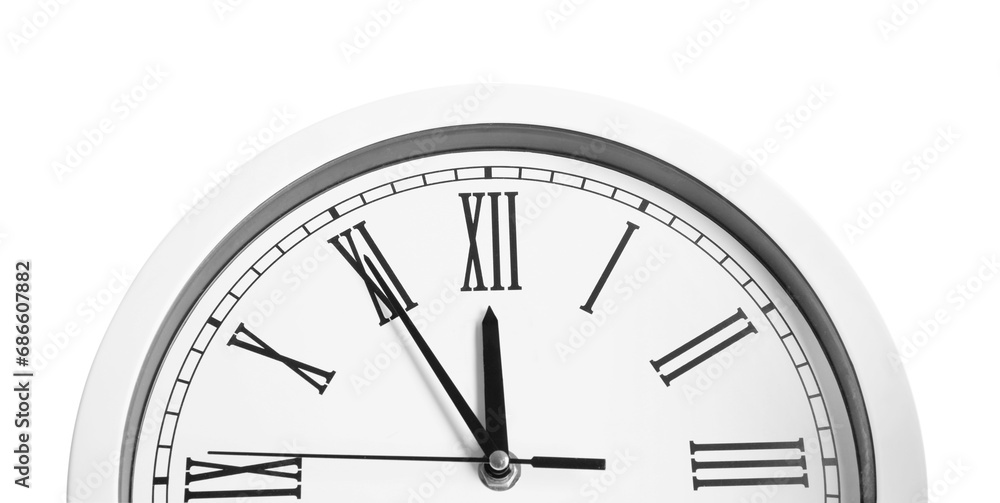 Clock showing five minutes until midnight on white background, closeup. New Year countdown Clock showing five minutes until midnight on white background, closeup. New Year countdown