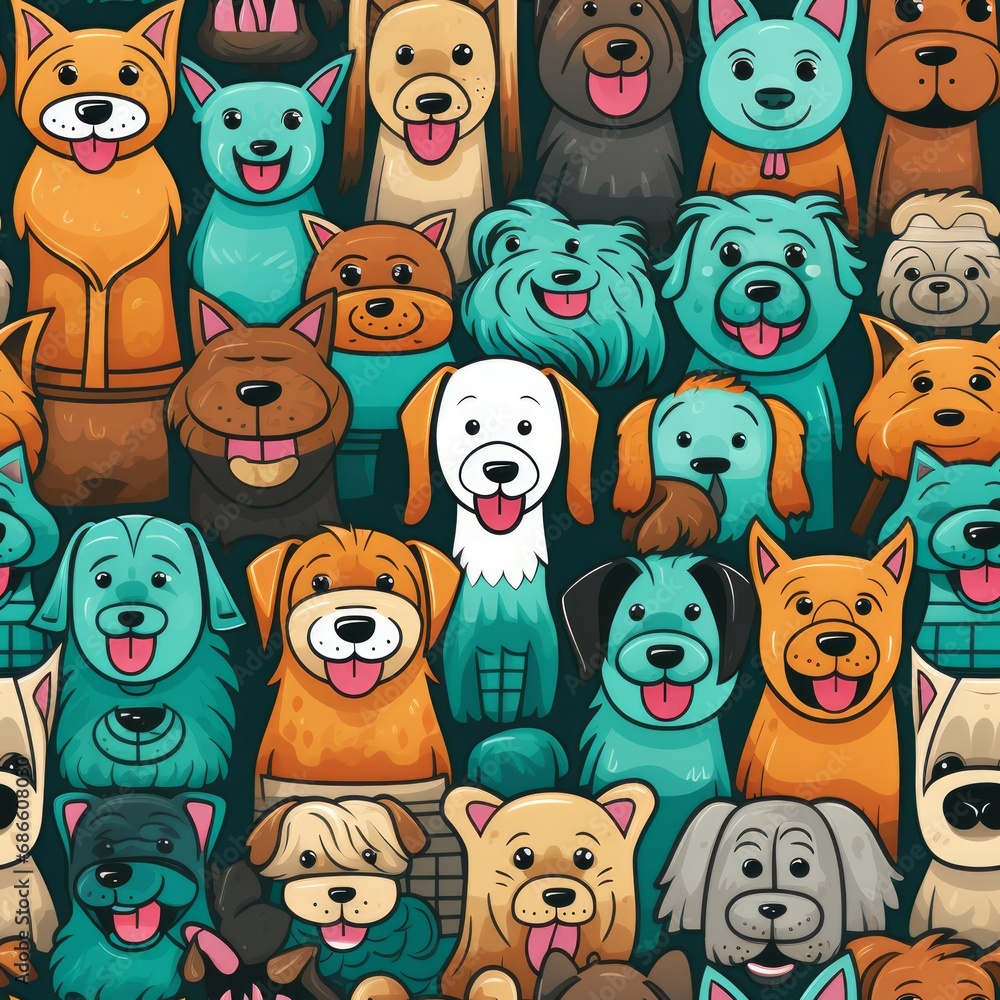 Playful canine seamless pattern of cheerful dogs expressing happiness through joyful interactions