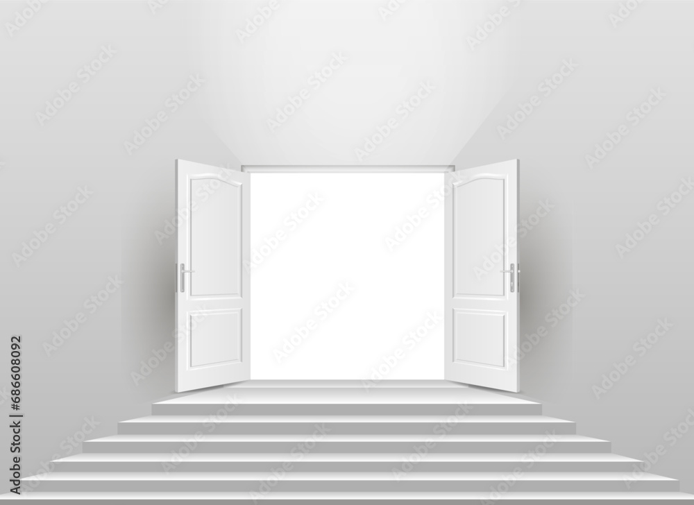 Fototapeta premium A 3D model of a staircase and an open door. Vector illustration, monochrome.