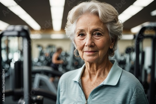 Close-up portrait of an elderly gray-haired retired woman in the gym. Sports, fitness, healthy lifestyle concepts. © liliyabatyrova