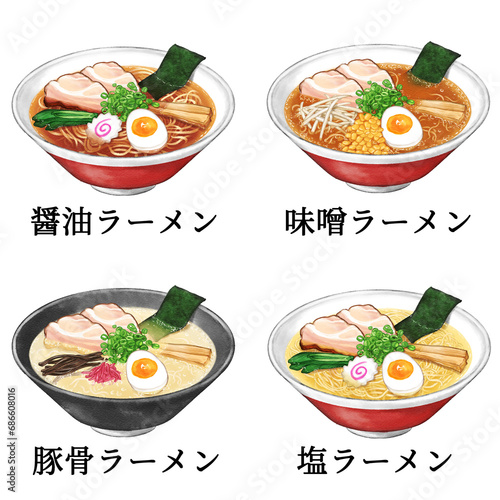 Set of Shoyu Ramen, Miso Ramen, Tonkotsu Ramen, and Shio Ramen painted with digital watercolor