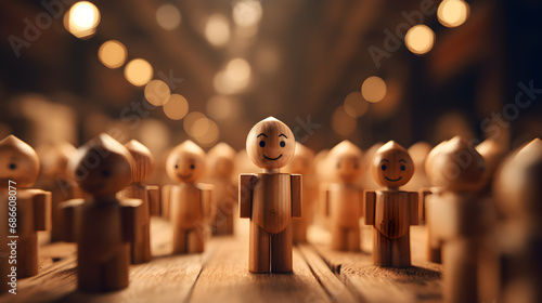 wood figurine of a man stands aside from the crowd of people. Asociality, sociopathy. Rejected from society, lonely. Development of leadership and social qualities. Infected, fear and misunderstanding