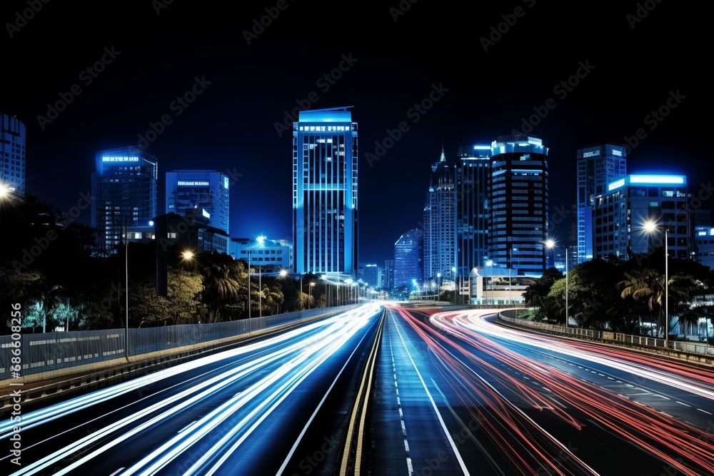 Captivating night scene mesmerizing lights streaking along a bustling highway under the starlit sky
