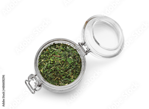 Dried aromatic parsley in glass jar isolated on white, top view