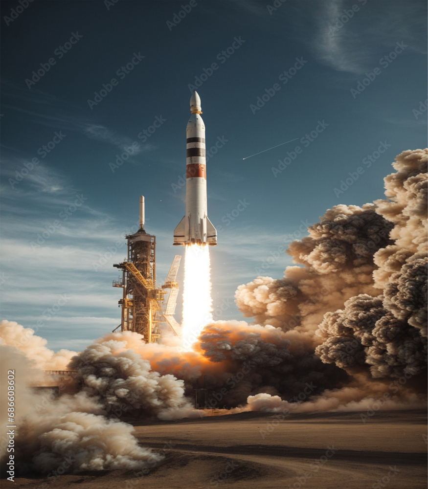 Rocket in space. Spaceship takes off into the sky.