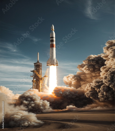 Rocket in space. Spaceship takes off into the sky.