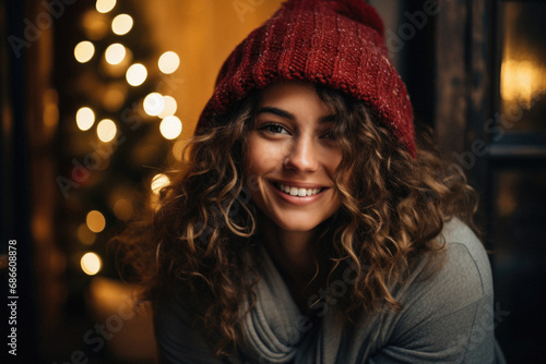 Portrait of a beautiful young woman in a hat and sweater on the background of a Christmas tree.