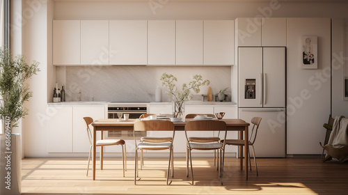 Minimalist interior of kitchen and dining room. White furniture with utensils and dinner table with chairs in Scandinavian style. Modern light design. 
