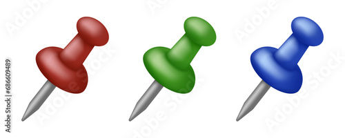 Push pin icon set. Realistic style.