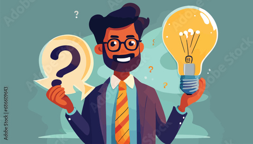 Question and answer, q and a or solution to solve problem, FAQ frequently asked question, help or creative thinking idea concept, smart businessman holding question mark sign and lightbulb solution
