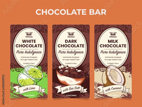 Chocolate bar white dark and milk package label vintage design template set engraved vector