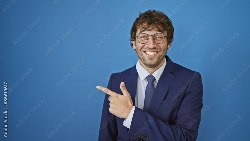 Young man in business suit flashing a natural smile, cheery handsome attitude as he points up and to the side. happy gesture on isolated blue background. Young man in business suit flashing a natural smile, cheery handsome attitude as he points up and to the side. happy gesture on isolated blue background.