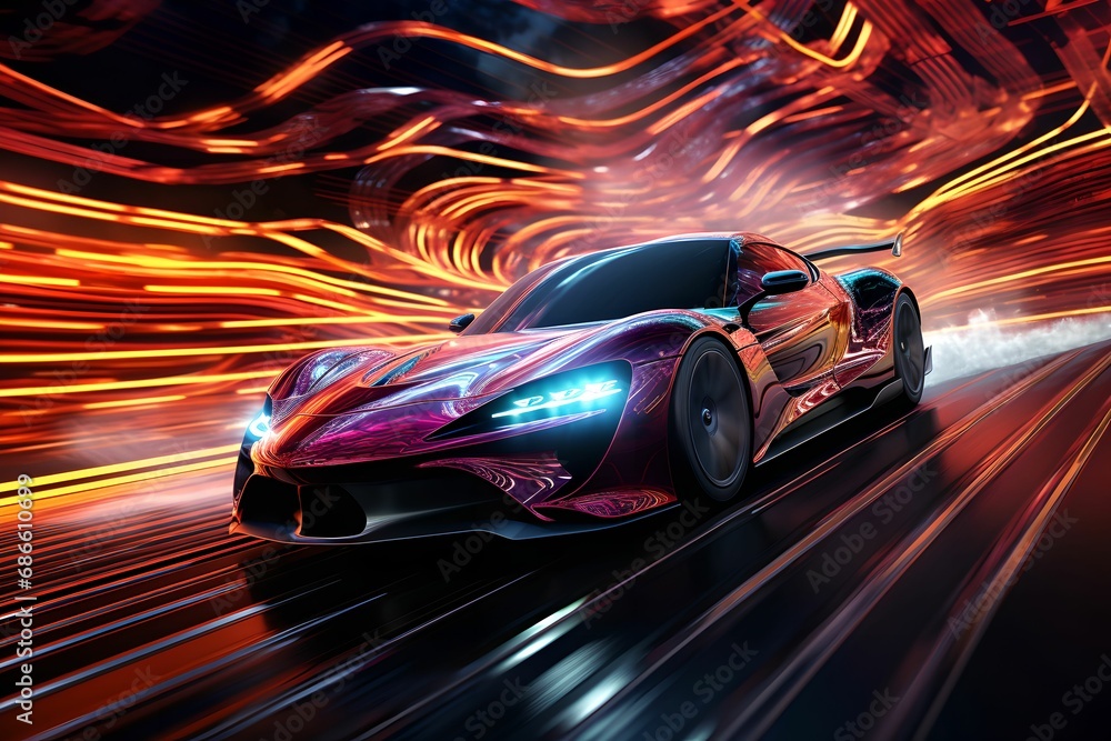 Holographic Car Racing in Digital Landscape, hologram, race, virtual, track