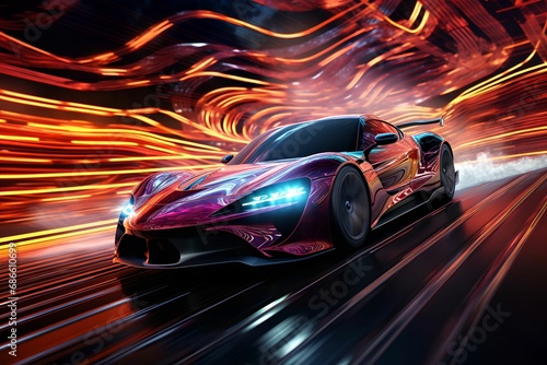 Holographic Car Racing in Digital Landscape, hologram, race, virtual, track