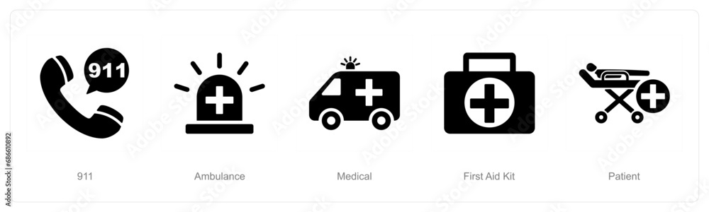 A set of 5 Emergency icons as 911, ambulance, medical