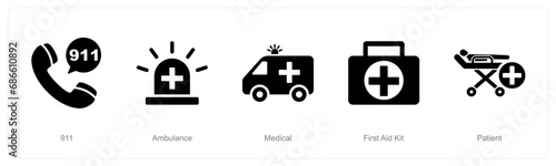 A set of 5 Emergency icons as 911, ambulance, medical