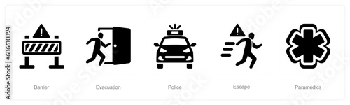 A set of 5 Emergency icons as barrier, evacuation, police