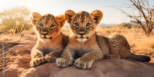 lion cubs, mountain lion cub, Impressive wild lions in the wilds of Africa in Masai Mara, The cheetah cubs are learning to hunt and chase prey in the grassy savannah, generative ai