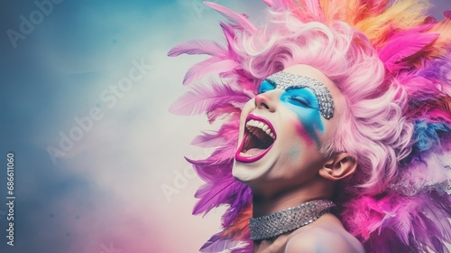 Elegant woman screaming in carnival mask on pastel background with copy space, studio shot © Ilja