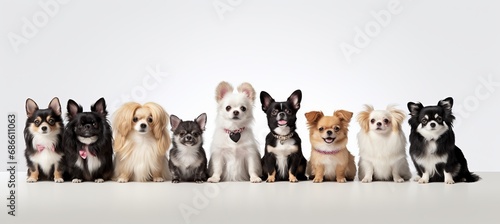 Diverse group of dogs, various breeds, large and small, isolated on white background with copy space