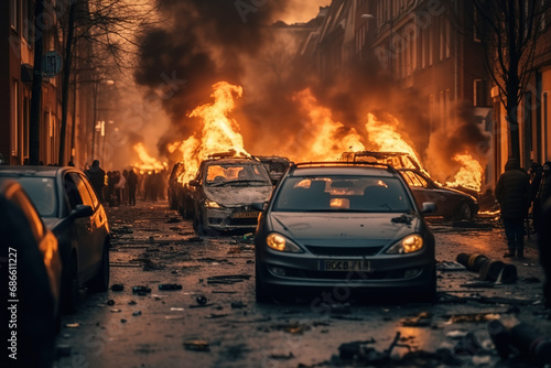 Cars in flames during the protests on city street.