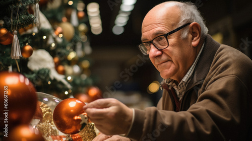 Elderly man decorating christmas tree with baubles. © Synthetica