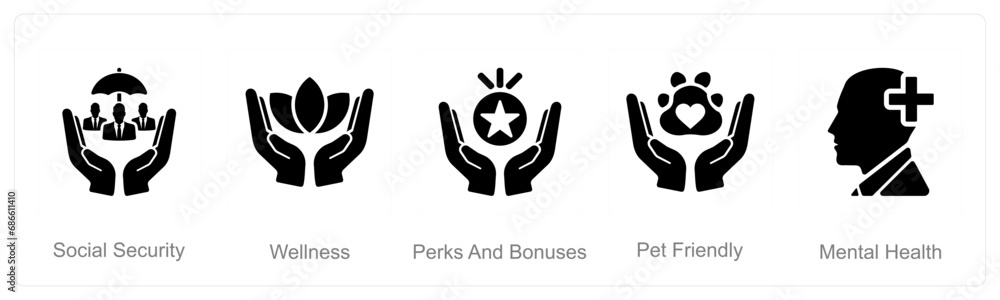 A set of 5 Employee Benefits icons as social security, wellness, perks and bounses A set of 5 Employee Benefits icons as social security, wellness, perks and bounses