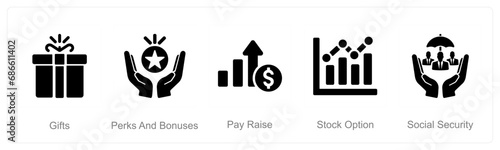A set of 5 Employee Benefits icons as gifts, perks and bounses, pay raise