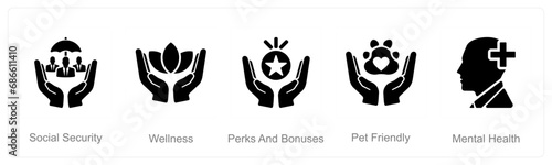 A set of 5 Employee Benefits icons as social security, wellness, perks and bounses