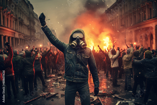 Hooded man wearing gas mask protesting on the street with fist raised in air in front of burning protest. photo