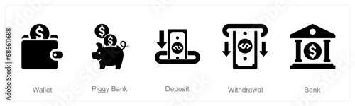 A set of 5 Finance icons as wallet, piggy bank, deposit