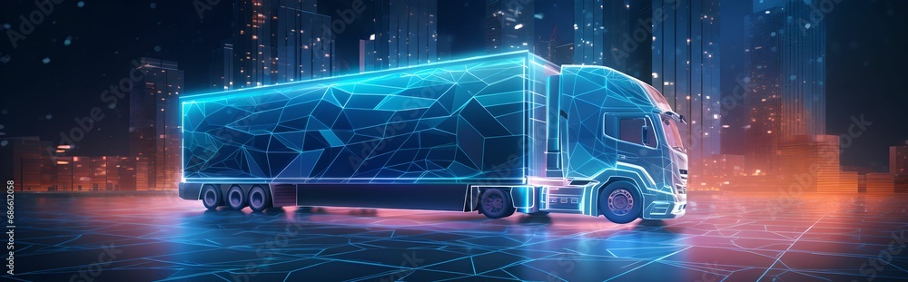 Modern Abstract Composition with 3D Delivery Truck and Digital Grid Delivery Truck, visually intriguing, backdrop, technology-related, concepts