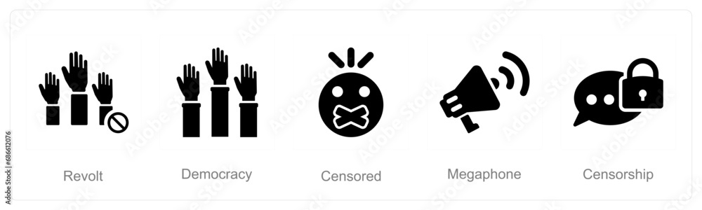 A set of 5 Freedom of Speech icons as revolt, democracy, censored A set of 5 Freedom of Speech icons as revolt, democracy, censored