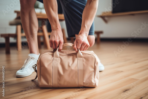 Cropped shot of fit sporty man in sportswear with gym bag wearing shorts and sneakers getting ready for exercise session at gym.