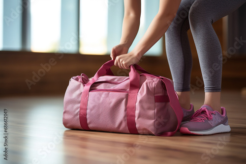 Cropped shot of fit sporty woman in sportswear with gym bag wearing toned yoga pants and sneakers getting ready for exercise session at gym. photo