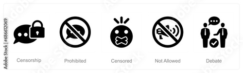 A set of 5 Freedom of Speech icons as censorship, prohibited, censored