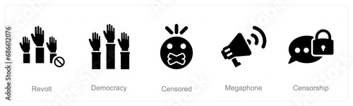 A set of 5 Freedom of Speech icons as revolt, democracy, censored