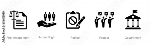 A set of 5 Freedom of Speech icons as first amendment, human right, petition