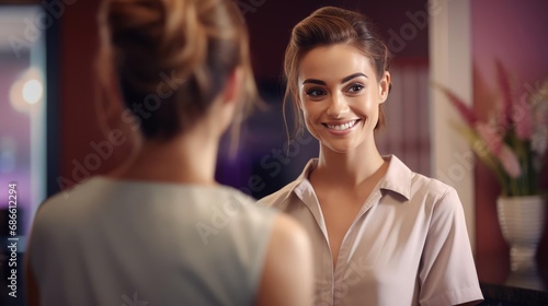 A girl-administrator at the reception in a beauty salon