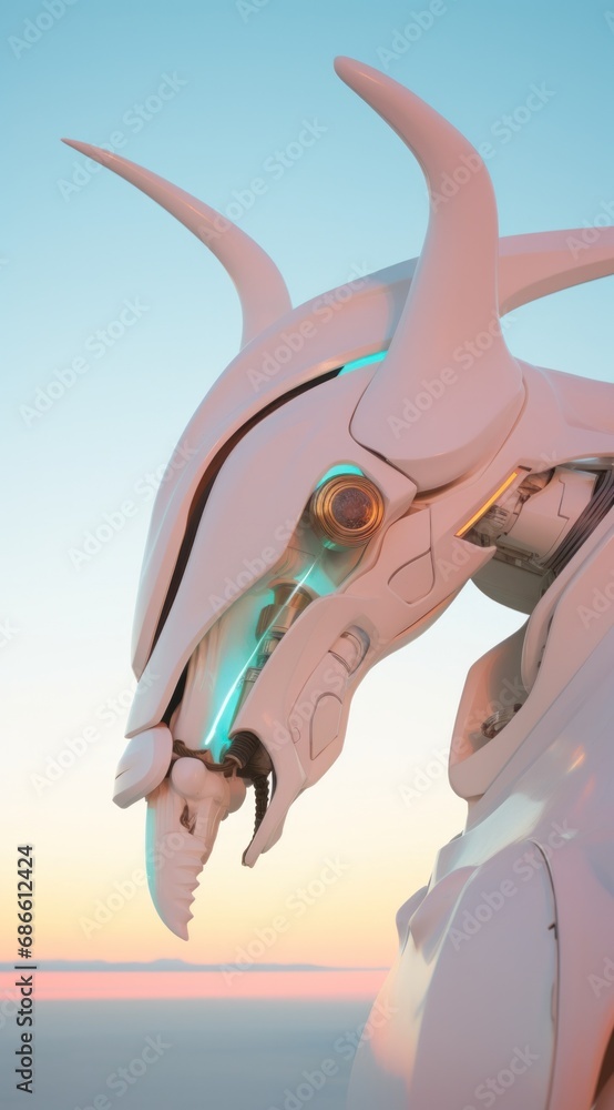 Obraz premium Side profile of a futuristic robot head with neon glow emanating from its mouth against twilight