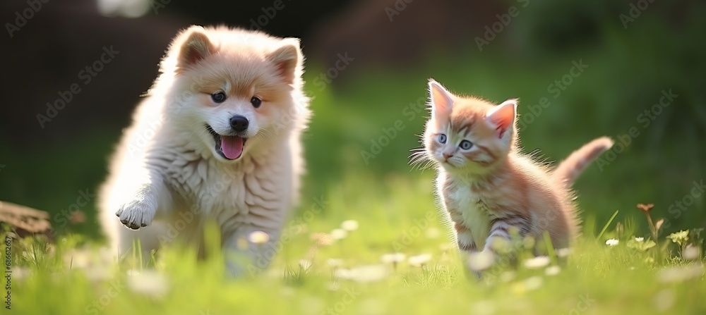Adorable kitten and friendly dog playing on lawn in summer day with blurred background Adorable kitten and friendly dog playing on lawn in summer day with blurred background