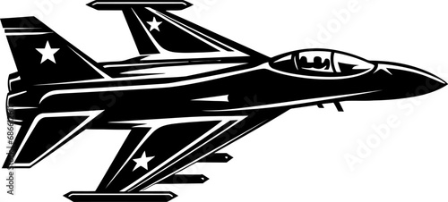 Fighter jet silhouette icon in black color. Vector template for laser cutting.