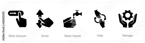 A set of 5 Hands icons as slide gestures, scroll, wash hands