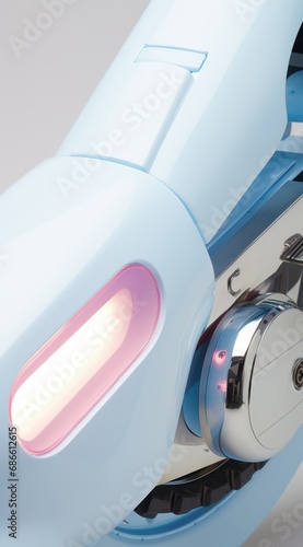 Close-up of a light blue motorbike featuring futuristic design elements and neon lighting photo