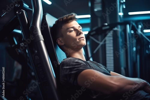Handsome young man resting on exercise machine after training at gym.