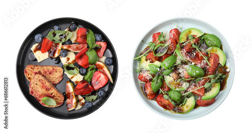 Delicious salads with balsamic vinegar isolated on white, top view